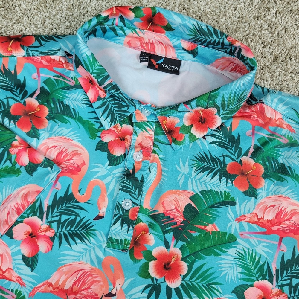 Yatta Golf Mens XL Blue AOP Floral‎ Flamingo Performance Stretch Polo SS
